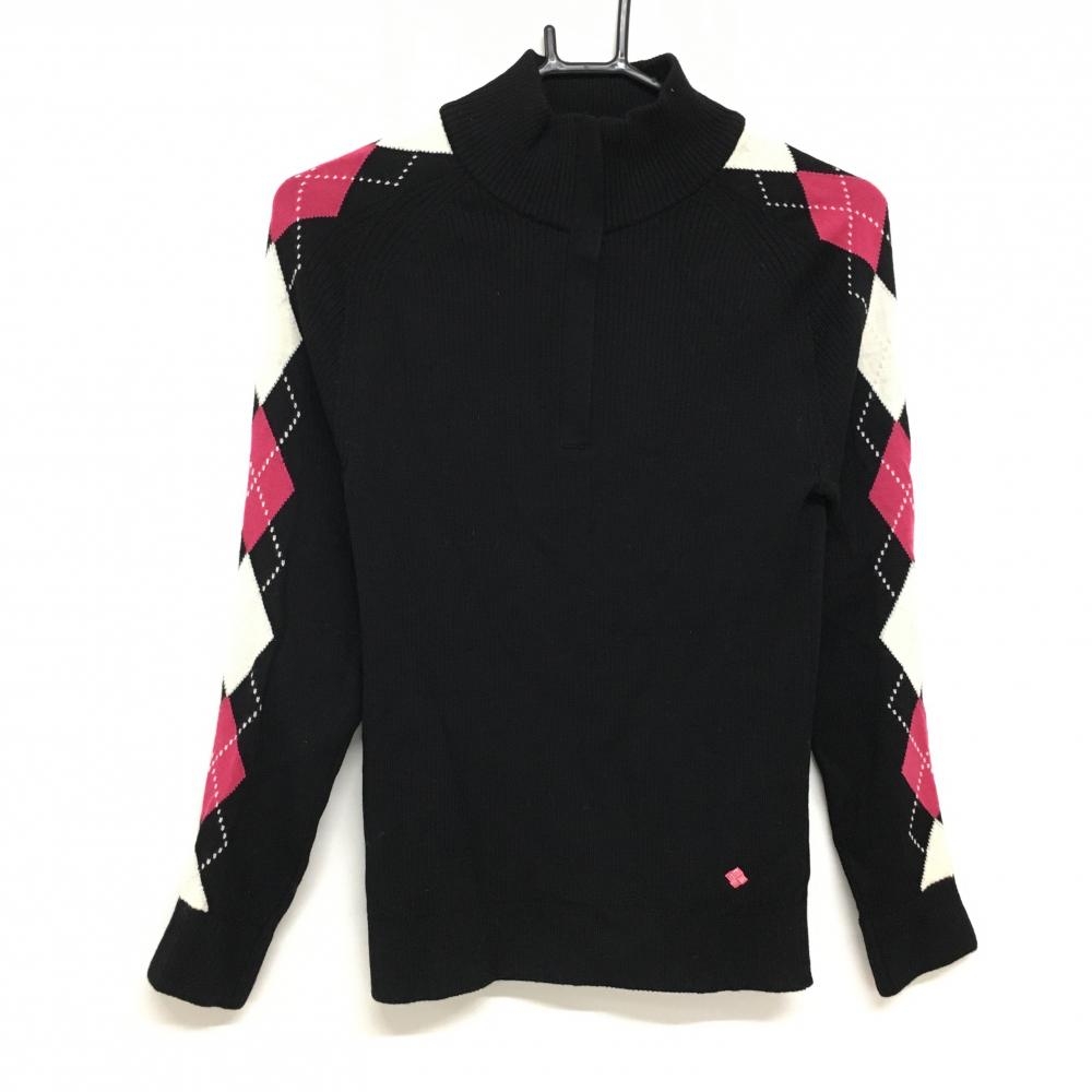 【美品】ポールスチュアートスポーツ ハイネックセーター 黒×ピンク 袖アーガイルライン  レディース M ゴルフウェア Paul Stuart SPORT