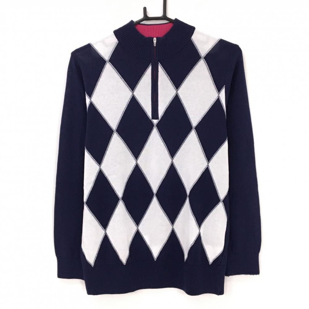 【超美品】ポールスチュアートスポーツ ハイネックセーター ネイビー×白 ハーフジップ レディース LL ゴルフウェア Paul Stuart SPORT