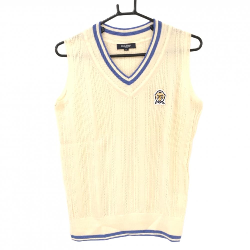 【超美品】ポールスチュアートスポーツ ニットベスト アイボリー×ブルー Vネック レディース LL ゴルフウェア Paul Stuart SPORT