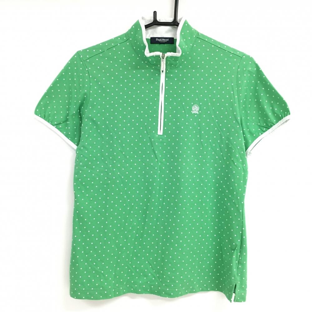 【美品】ポールスチュアート  半袖ハイネックシャツ ライトグリーン×白 ドット レディース Ｍ ゴルフウェア Paul Stuart