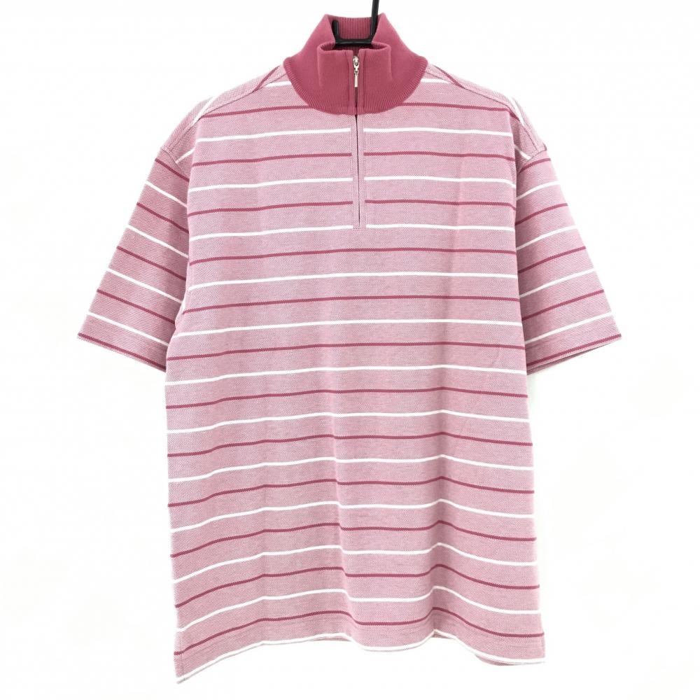 【美品】ポールスチュアートスポーツ 半袖ハイネックシャツ ピンク×白 ボーダー  レディース EXTRA LARGE ゴルフウェア Paul Stuart SPORT