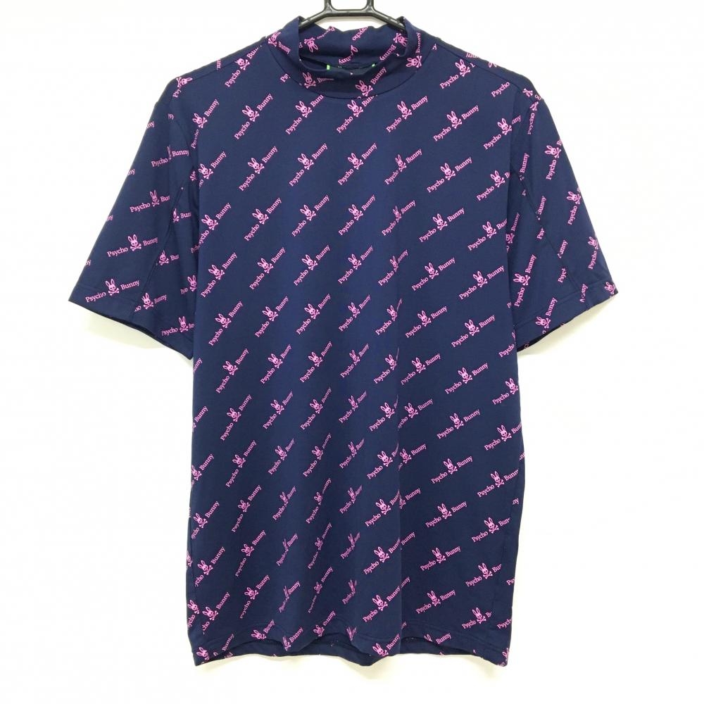 【超美品】サイコバニー 半袖ハイネックシャツ ネイビー×ピンク ロゴ総柄 メンズ XL ゴルフウェア Psycho Bunny