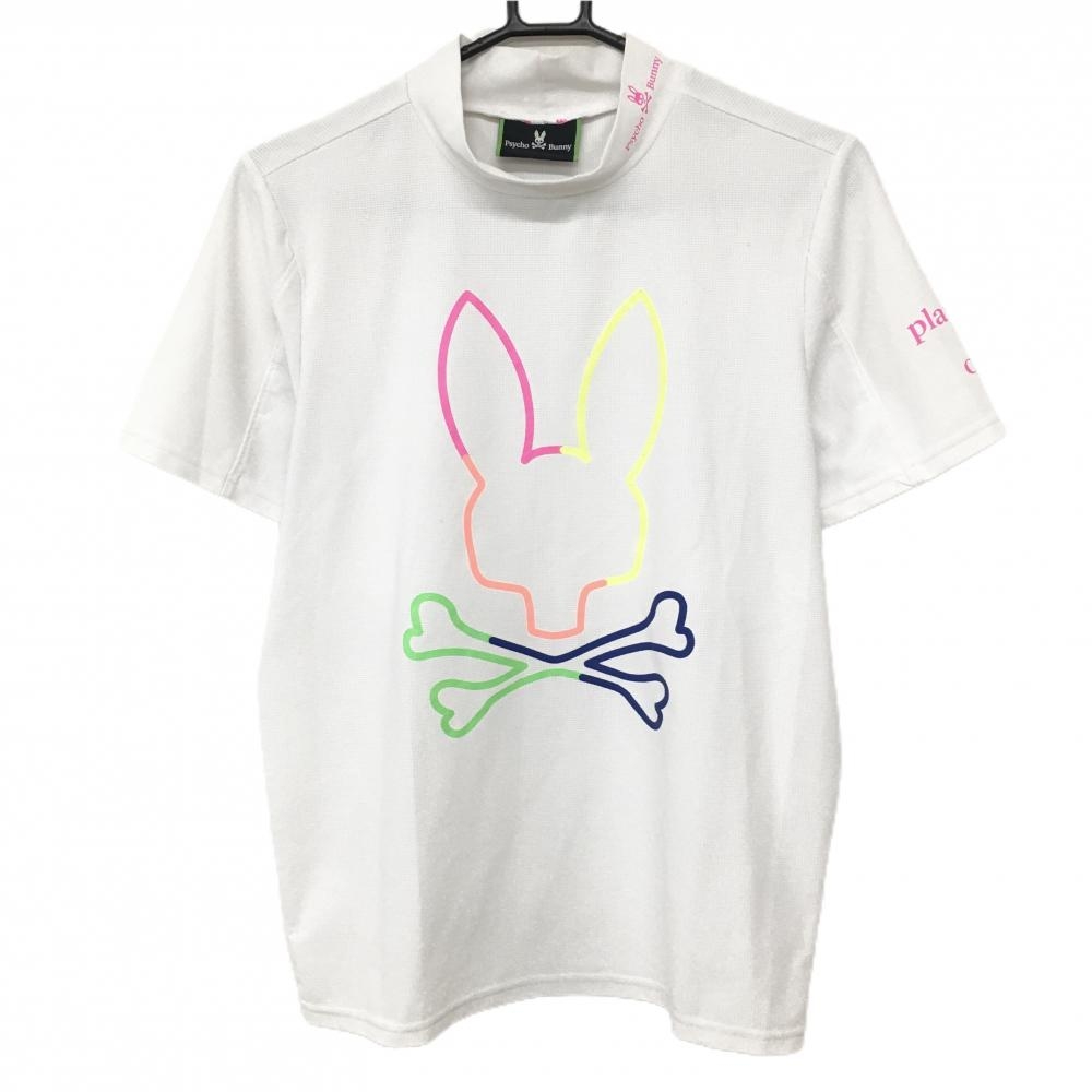 【美品】サイコバニー 半袖ハイネックシャツ 白 蛍光ビッグロゴ メッシュ調 メンズ M ゴルフウェア Psycho Bunny