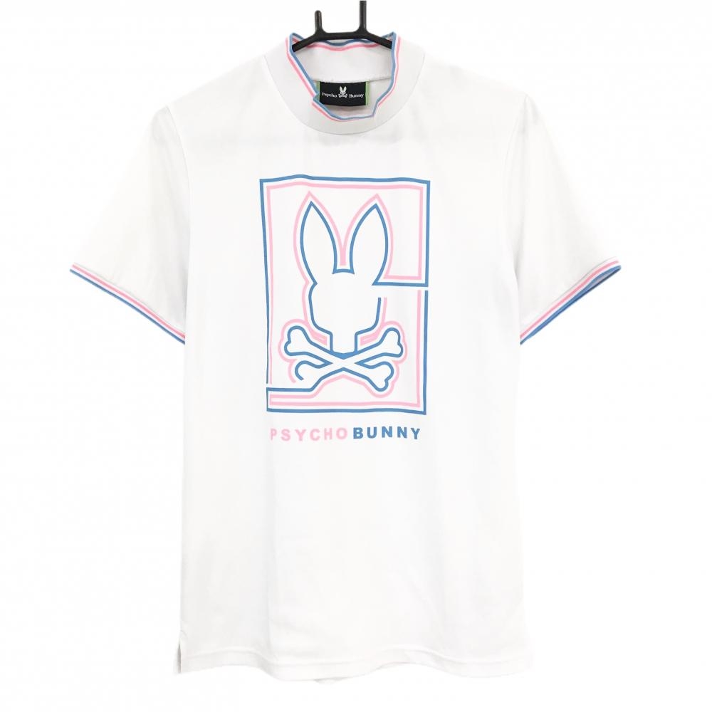 サイコバニー 半袖ハイネックシャツ 白×ピンク フロントプリント メンズ  ゴルフウェア Psycho Bunny