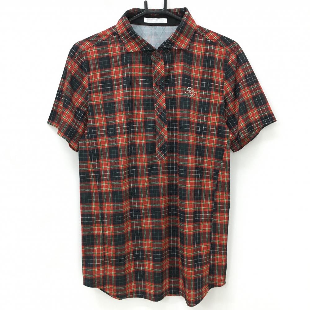 【超美品】フェアリーパウダー 半袖ポロシャツ レッド×黒×グリーン チェック メンズ 2(M) ゴルフウェア FAIRY POWDER