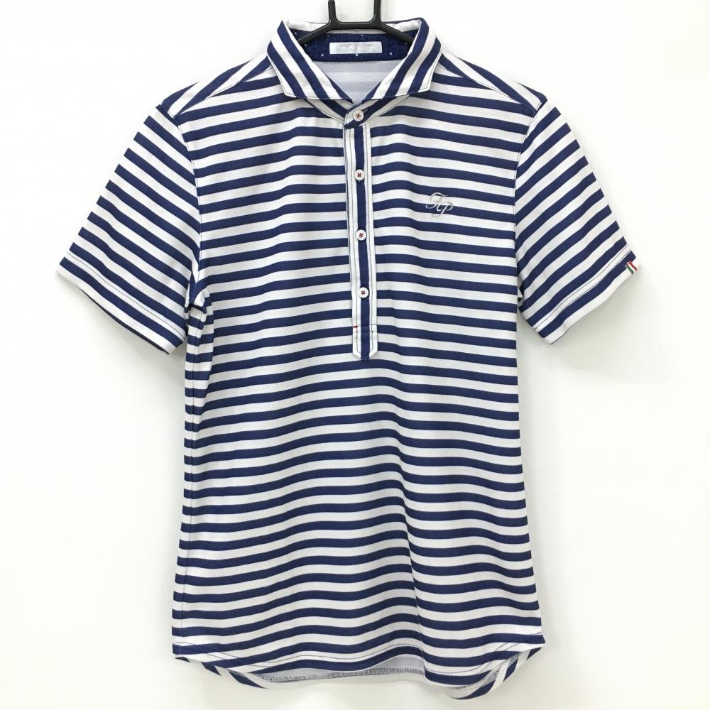 【美品】フェアリーパウダー 半袖ポロシャツ 白×ネイビー ボーダー メンズ 2(M) ゴルフウェア FAIRY POWDER