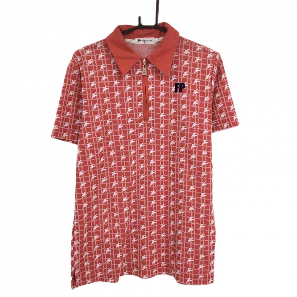【美品】フェアリーパウダー 半袖ポロシャツ レッド×白 総柄 ロゴ刺しゅう ハーフジップ メンズ XL ゴルフウェア FAIRY POWDER