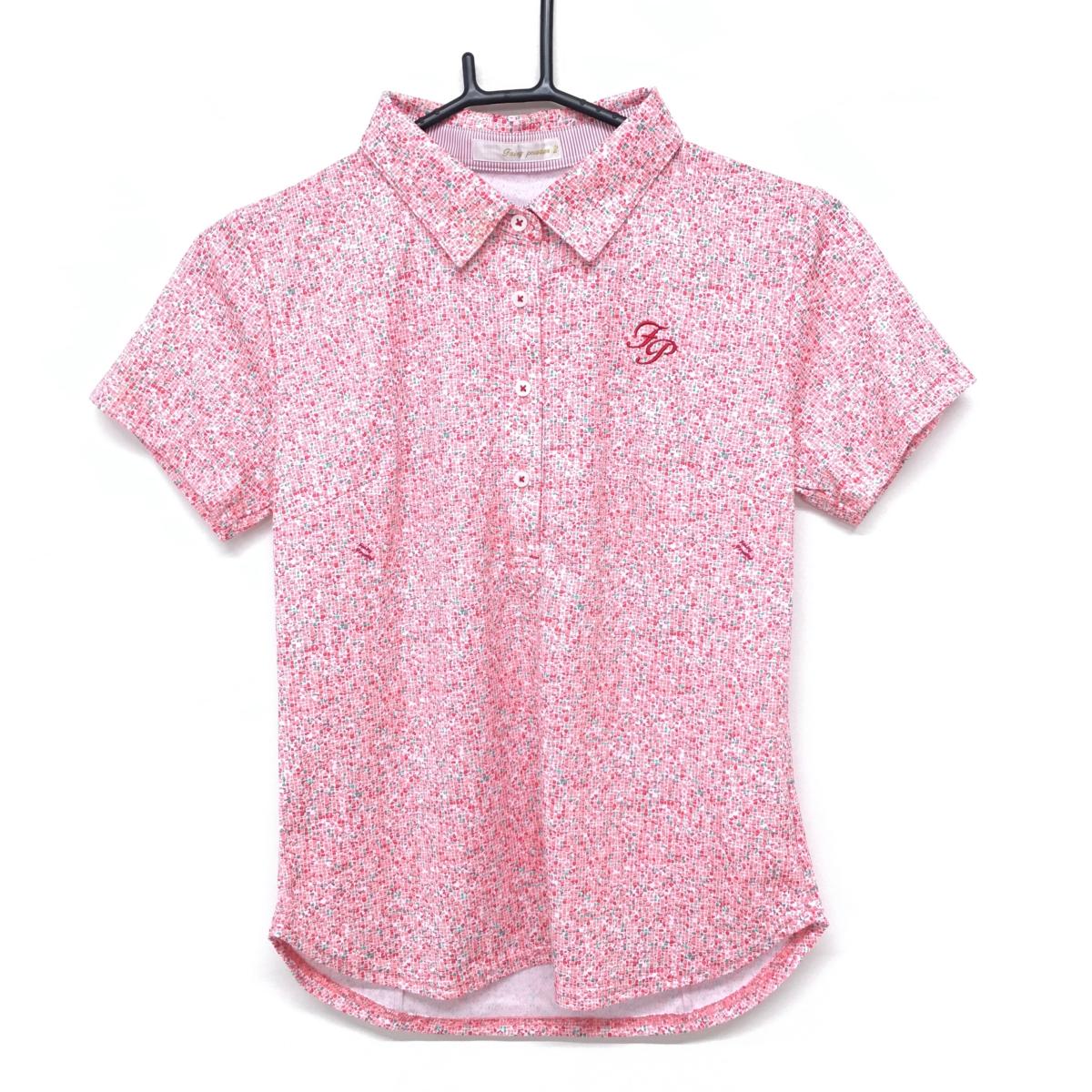 【美品】フェアリーパウダー 半袖ポロシャツ ピンク×レッド系 総柄 ロゴ刺しゅう レディース 2(M) ゴルフウェア FAIRY POWDER