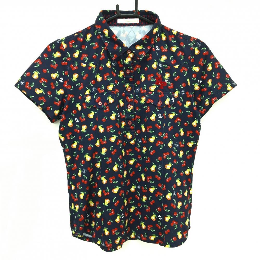 【美品】フェアリーパウダー 半袖ポロシャツ ネイビー×レッド×グリーン系 総柄 レディース 3(L) ゴルフウェア FAIRY POWDER
