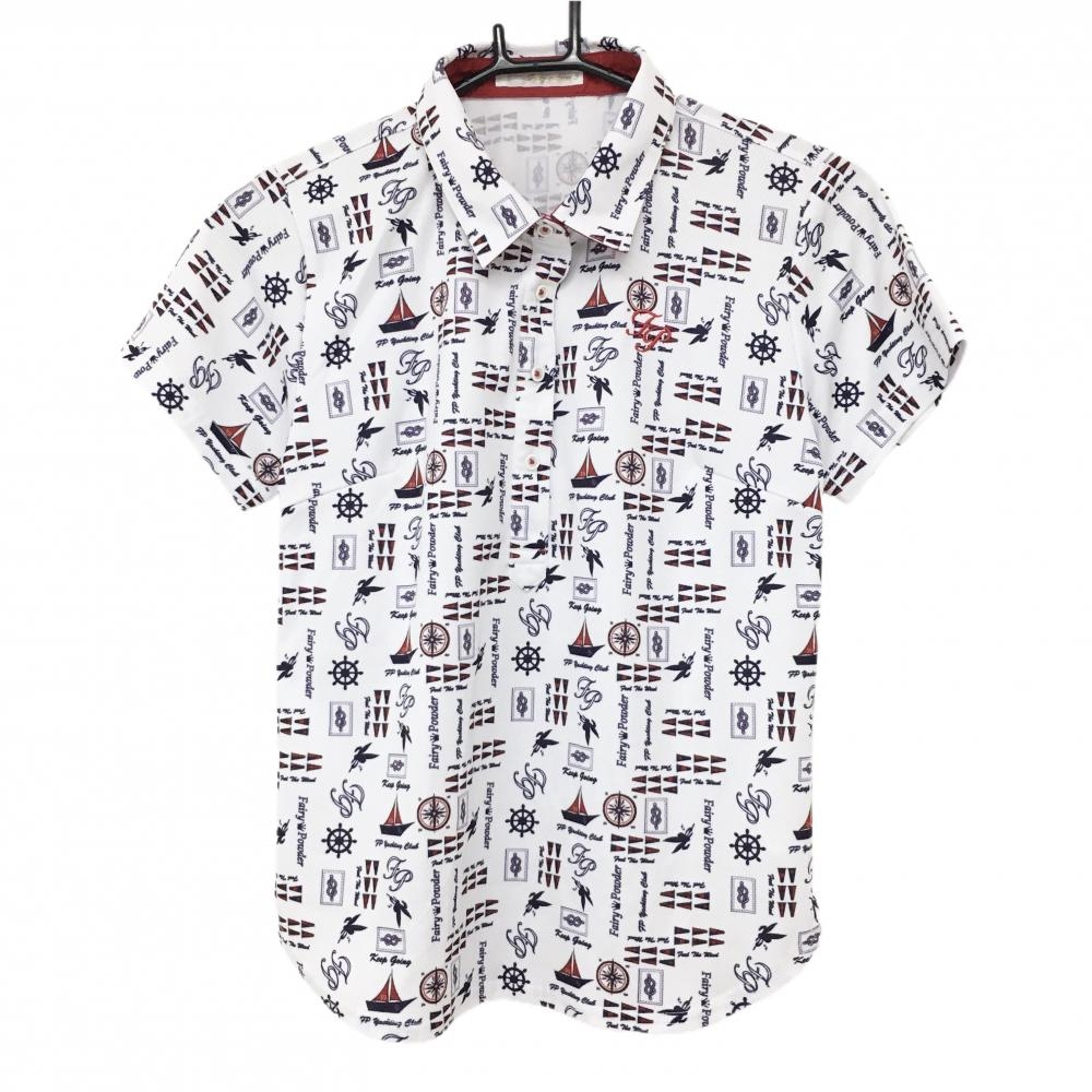 【超美品】フェアリーパウダー 半袖ポロシャツ 白×ネイビー×レッド 総柄 胸ロゴ刺しゅう レディース 3(L) ゴルフウェア FAIRY POWDER