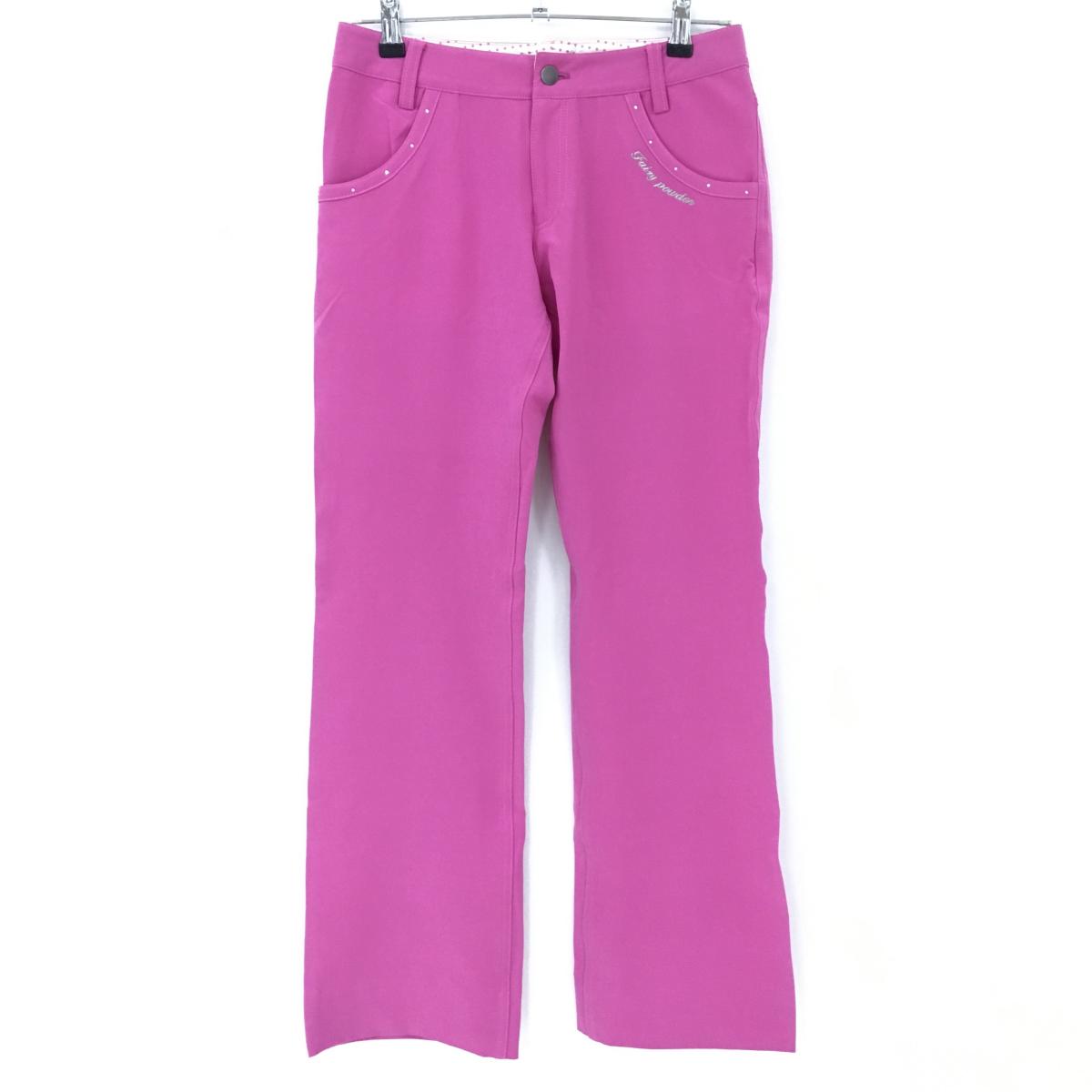 【美品】フェアリーパウダー パンツ パープルピンク系 ラインストーン ロゴ刺しゅう ストレッチ  レディース 28 ゴルフウェア FAIRY POWDER
