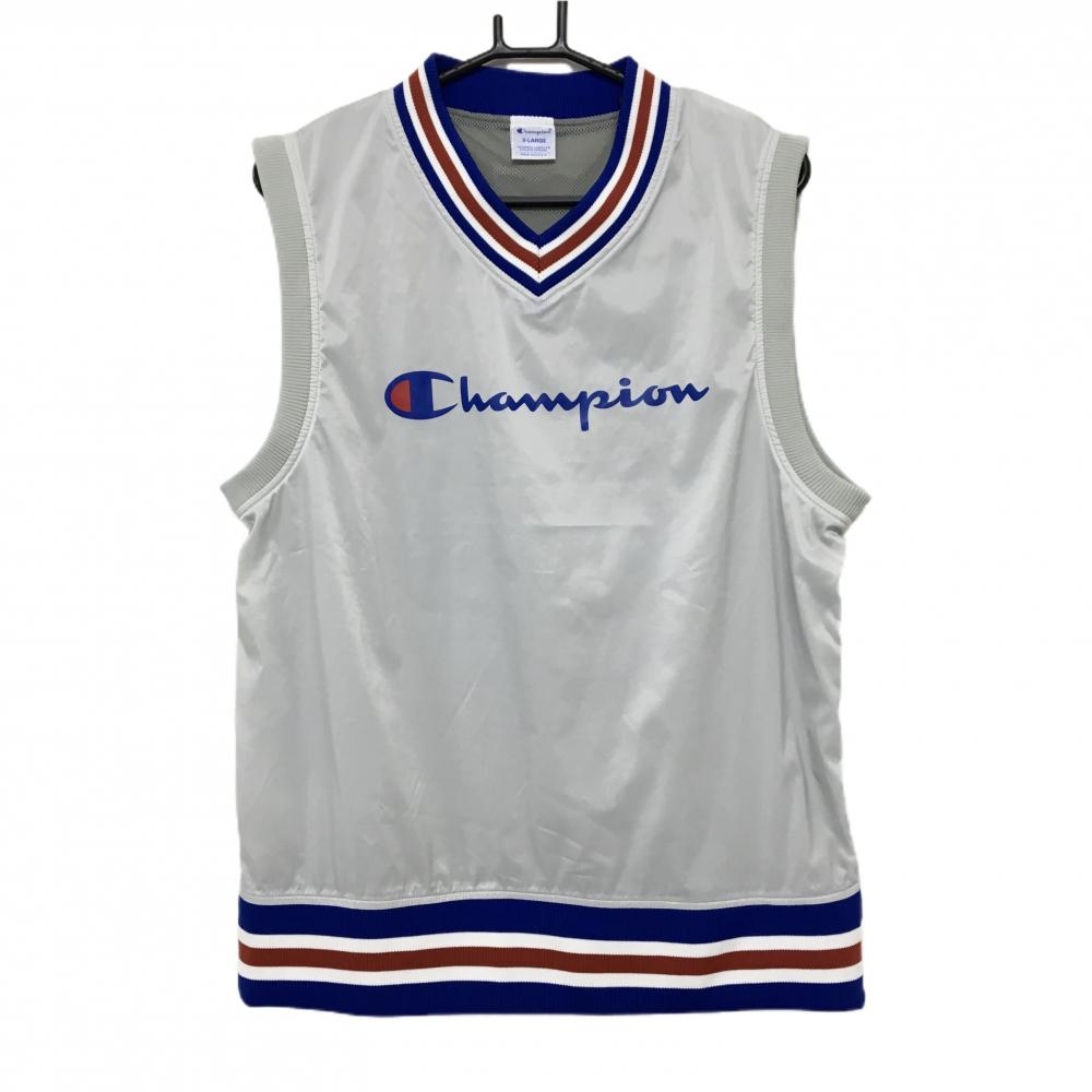 【美品】チャンピオン ベスト ライトグレー×ブルー 裏地メッシュ Vネック ロゴプリント メンズ X-LARGE ゴルフウェア Champion