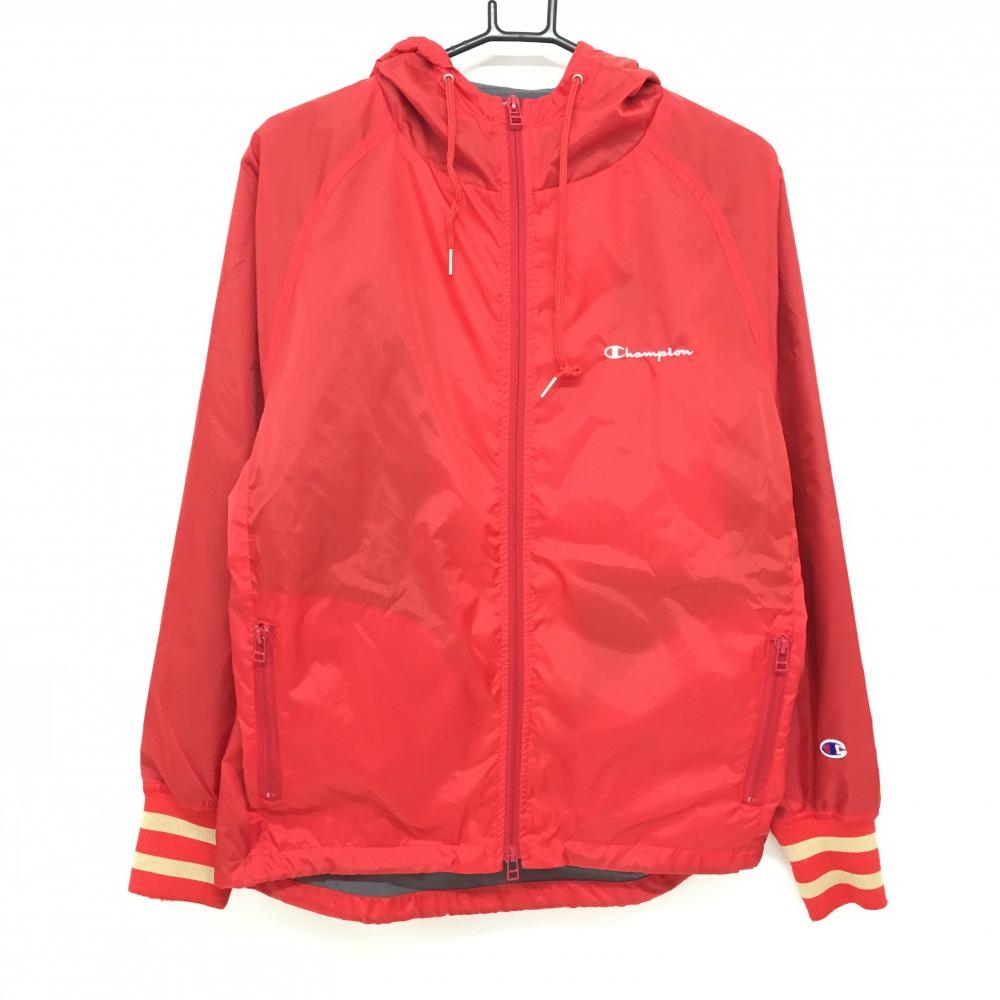 【美品】チャンピオン ナイロンパーカー レッド×ベージュ ロゴ刺しゅう 裏微起毛 メンズ MEDIUM ゴルフウェア Champion