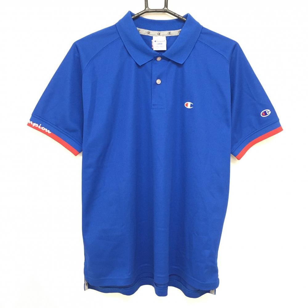 【超美品】チャンピオン 半袖ポロシャツ ブルー 袖口レッド 速乾性 抗菌・防臭機能 メンズ LARGE ゴルフウェア 2023年モデル Champion