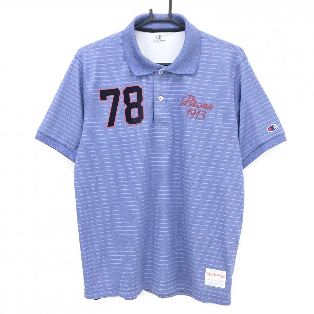 【超美品】チャンピオン 半袖ポロシャツ 杢ブルー×白 ボーダー 刺しゅうレッド  メンズ O(XL) ゴルフウェア Champion
