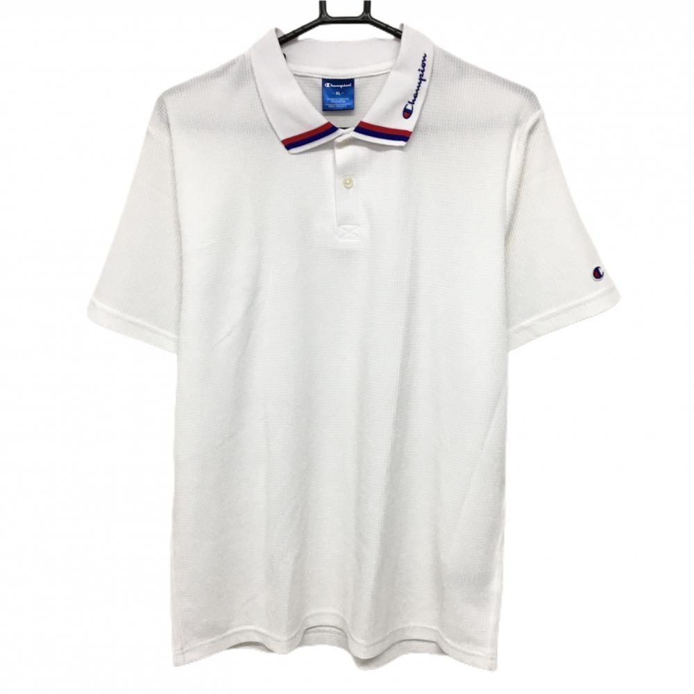【超美品】チャンピオン 半袖ポロシャツ 白 ワッフル調生地 襟ロゴ刺しゅう メンズ XL ゴルフウェア Champion