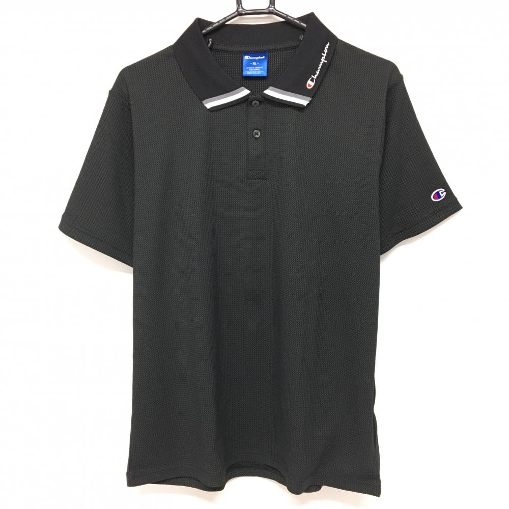 【新品】チャンピオン 半袖ポロシャツ 黒 襟ロゴ刺しゅう 速乾 UVカット 遮熱 メンズ XL ゴルフウェア Champion