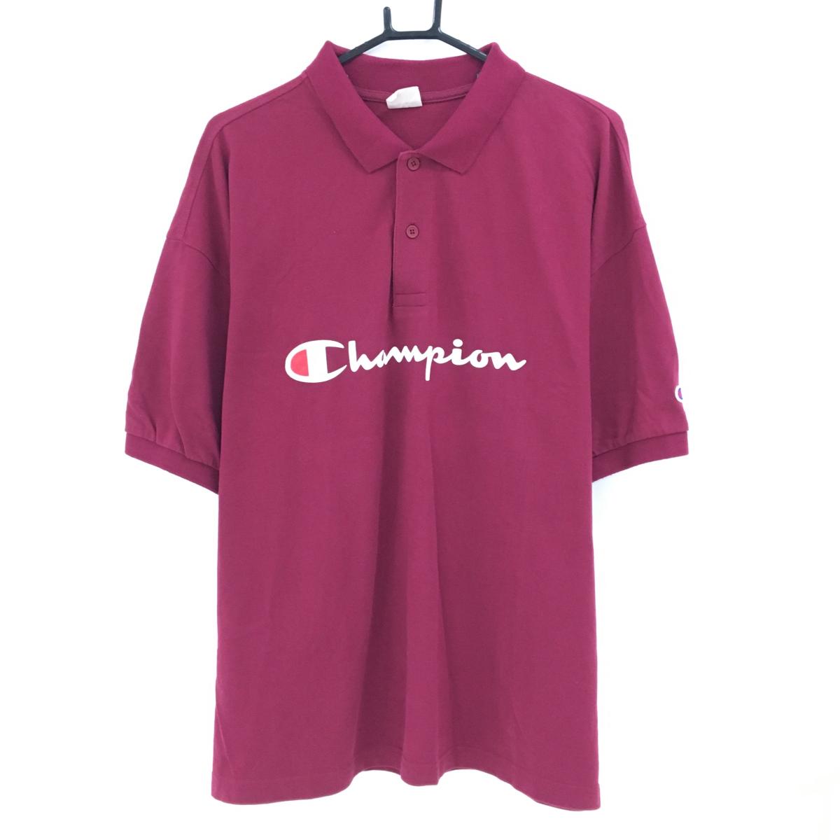 【美品】チャンピオン 半袖ポロシャツ ピンクパープル系 綿100％ フロントロゴ  メンズ LARGE ゴルフウェア Champion