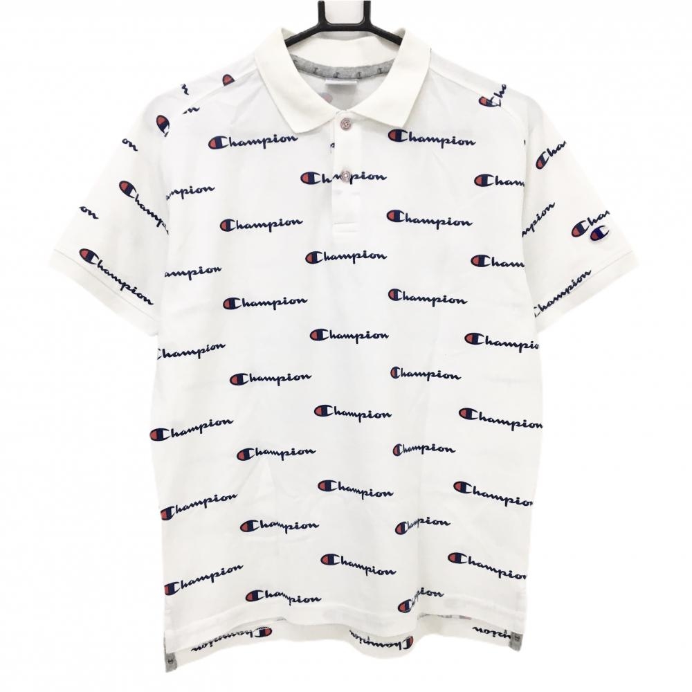 チャンピオン 半袖ポロシャツ 白×ネイビー×レッド ロゴ総柄 メンズ MEDIUM ゴルフウェア Champion