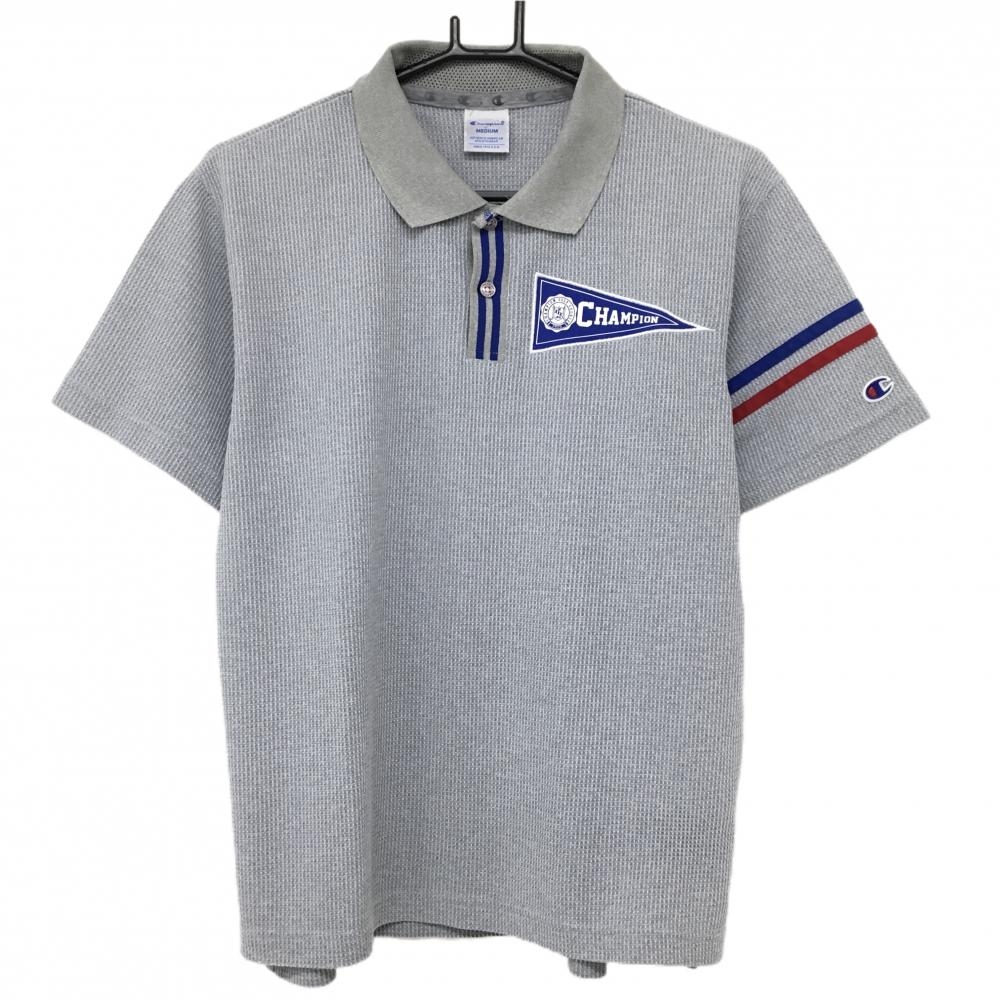 チャンピオン 半袖ポロシャツ グレー×ブルー 袖ライン メンズ MEDIUM ゴルフウェア Champion