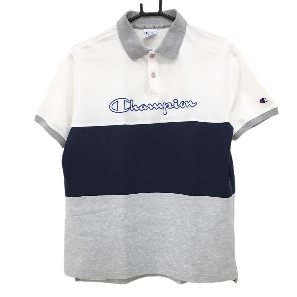 【美品】チャンピオン 半袖ポロシャツ 白×グレー×ネイビー ワイドボーダー ロゴ刺しゅう メンズ MEDIUM ゴルフウェア Champion