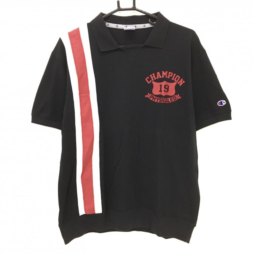 チャンピオン 襟付Tシャツ 黒×レッド 身頃ライン  メンズ LARGE ゴルフウェア Champion