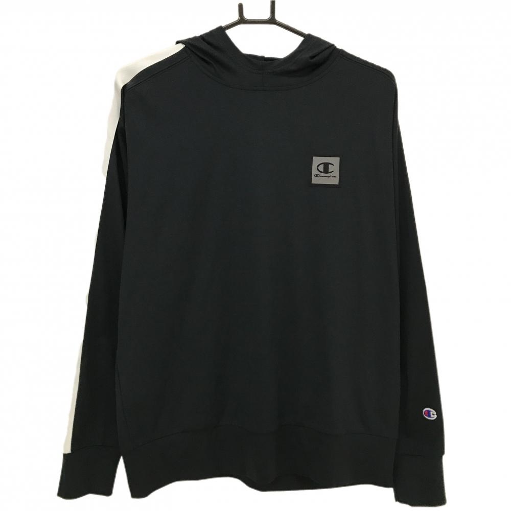 【美品】チャンピオン フード付き長袖Tシャツ 黒×白 パーカー 袖白ライン ロゴ白 メンズ LARGE ゴルフウェア Champion