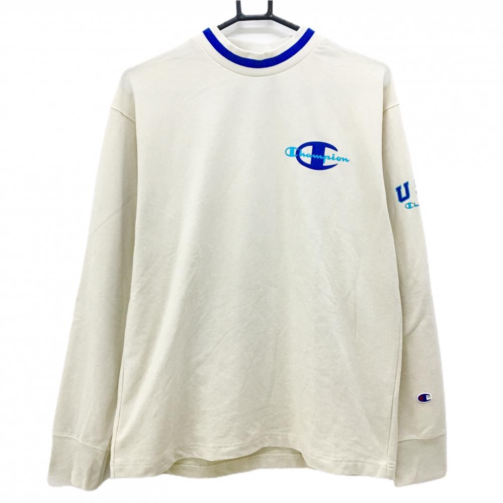 チャンピオン 長袖ハイネックシャツ ベージュ×ブルー ロゴプリント  メンズ LARGE ゴルフウェア Champion