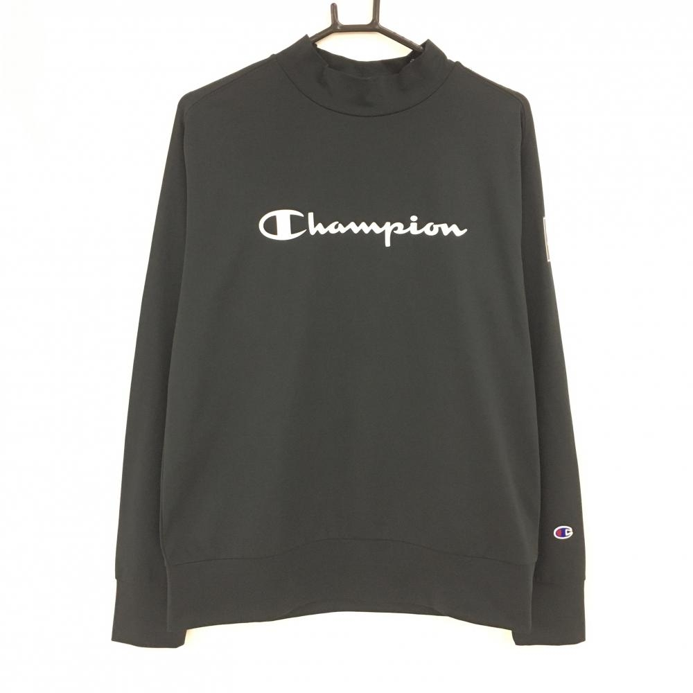 【超美品】チャンピオン 長袖ハイネックシャツ 黒 ロゴ白 メンズ LARGE ゴルフウェア Champion