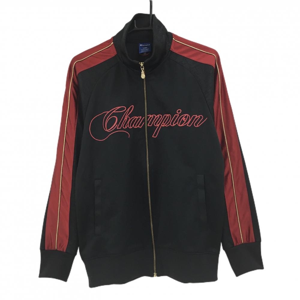 【超美品】チャンピオン ジャケットブルゾン 黒×レッド 一部地模様 袖ゴールドライン ロゴ刺しゅう メンズ L ゴルフウェア Champion