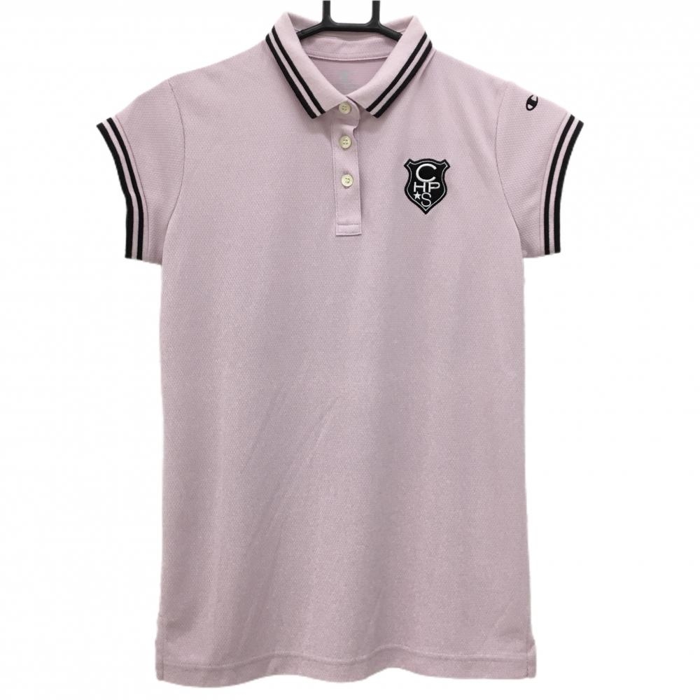 【超美品】チャンピオン 半袖ポロシャツ ピンク×黒 襟・袖口ライン レディース M ゴルフウェア Champion