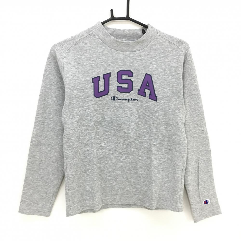 【超美品】チャンピオン 長袖Tシャツ 杢グレー×パープル フロントロゴプリント レディース MEDIUM ゴルフウェア Champion