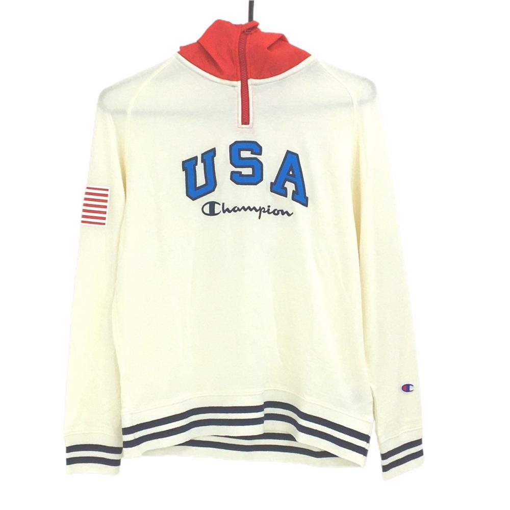 【美品】チャンピオン フード付き長袖Tシャツ 白×レッド フード薄中綿 フロントロゴ パーカー レディース MEDIUM ゴルフウェア Champion