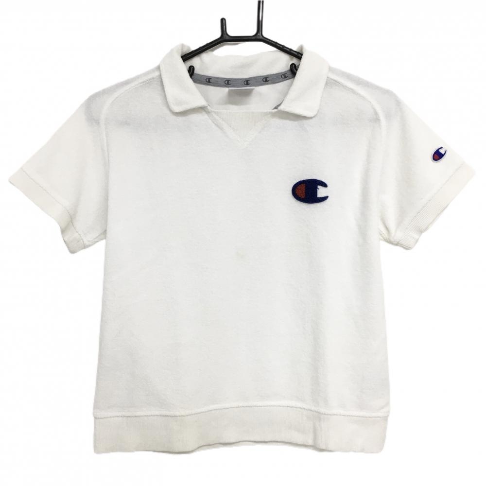 チャンピオン 襟付き半袖シャツ 白×ブルー パイル地 レディース MEDIUM ゴルフウェア Champion