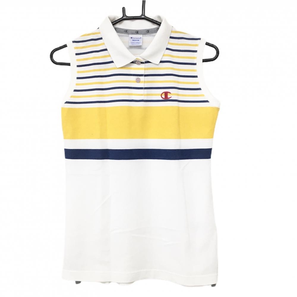 チャンピオン ノースリーブポロシャツ 白×イエロー×ネイビー 上部ボーダー  レディース MEDIUM ゴルフウェア Champion
