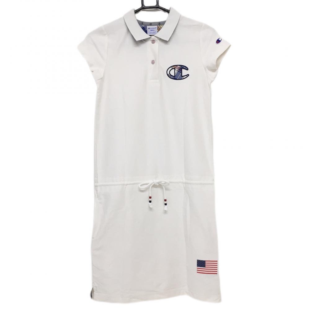 【超美品】チャンピオン 半袖ポロワンピース 白×ネイビー ウエスト紐  レディース SMALL ゴルフウェア Champion