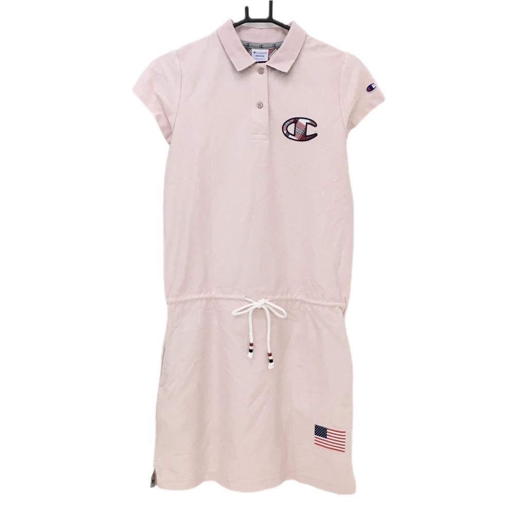 【美品】チャンピオン 半袖ポロワンピース ライトピンク 襟裏チェック＆ロゴ レディース MEDIUM ゴルフウェア Champion