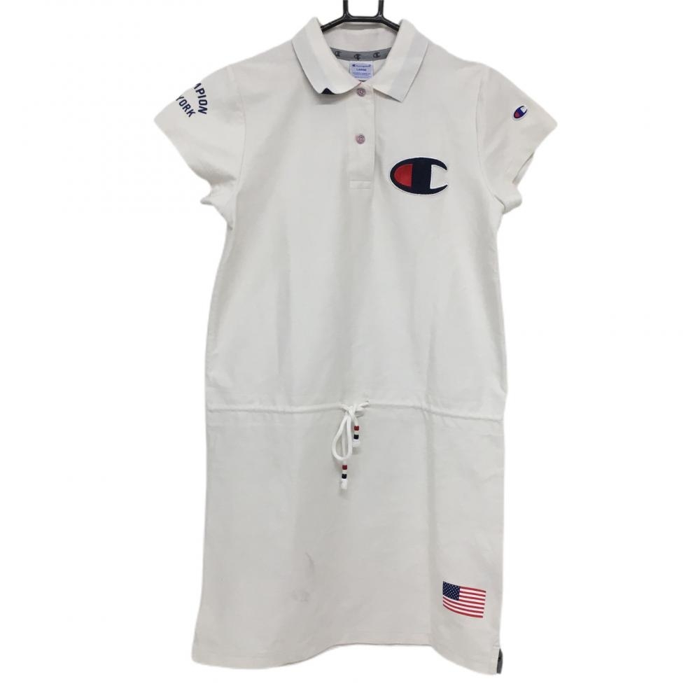 チャンピオン ワンピース 白×ネイビー ビックロゴ 襟裏柄 ウエスト紐 レディース LARGE ゴルフウェア Champion
