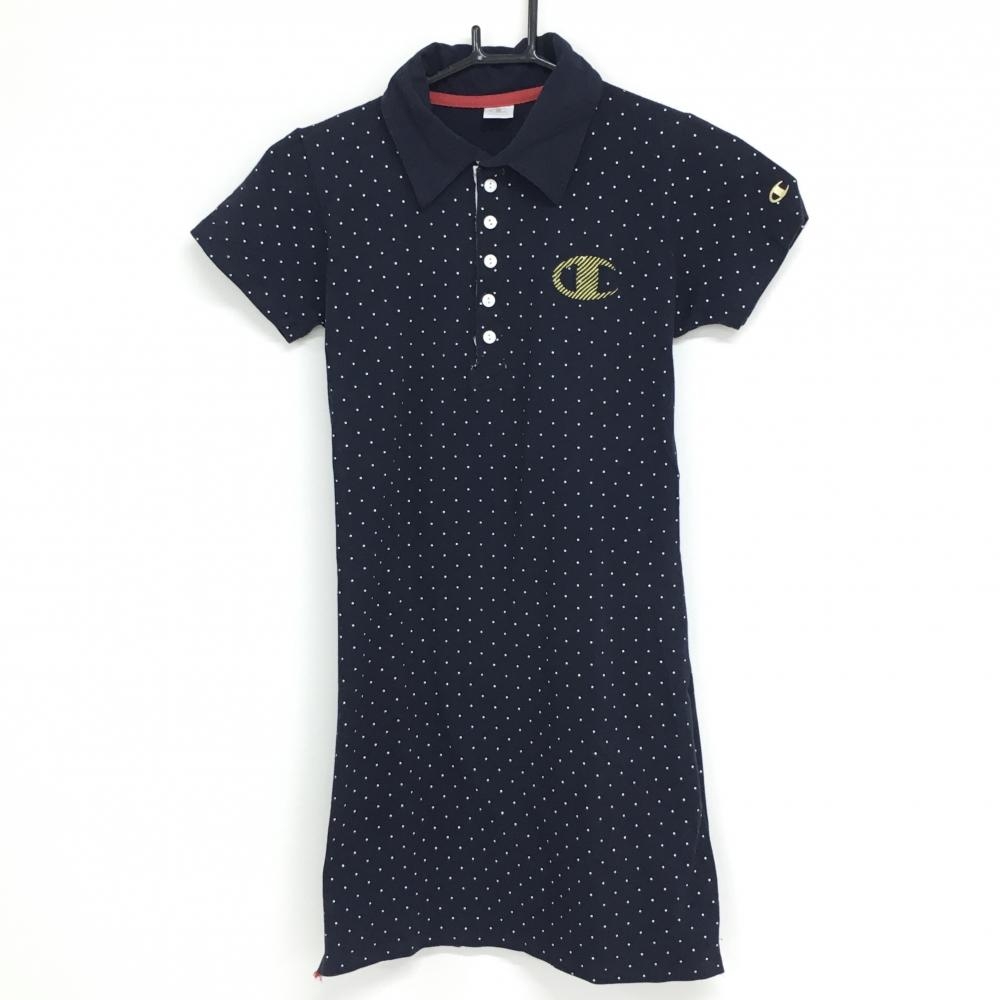【美品】チャンピオン 半袖ポロワンピース ネイビー×白 ドット ロゴゴールド レディース M ゴルフウェア Champion