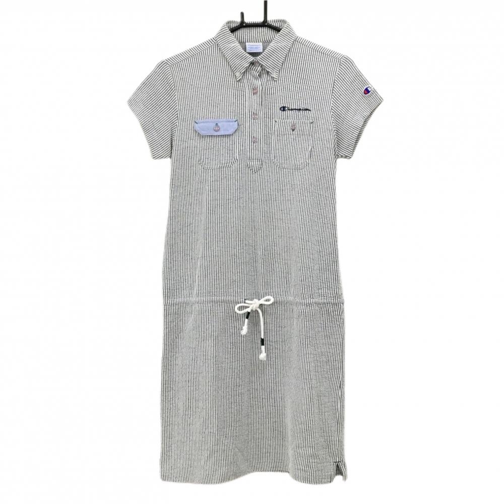 チャンピオン 半袖ポロワンピース 白×グレー ストライプ ストレッチ ボタンダウン レディース MEDIUM ゴルフウェア Champion