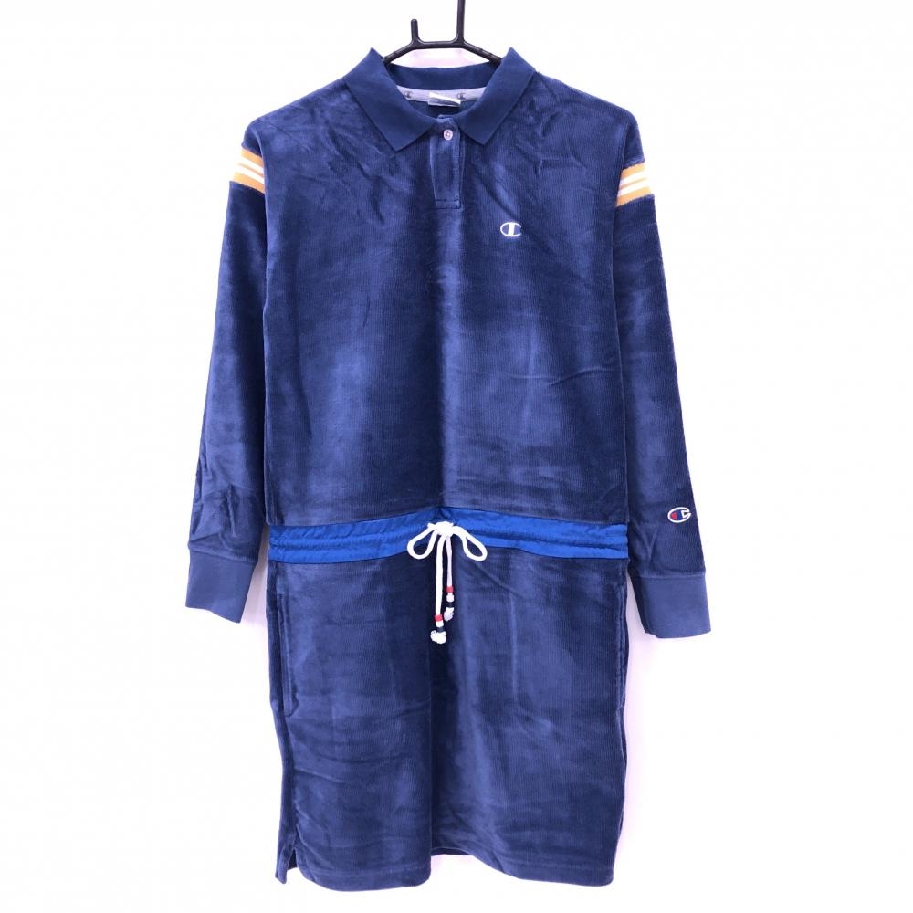 チャンピオン ワンピース ネイビー×イエロー 起毛 袖ライン レディース MEDIUM ゴルフウェア Champion
