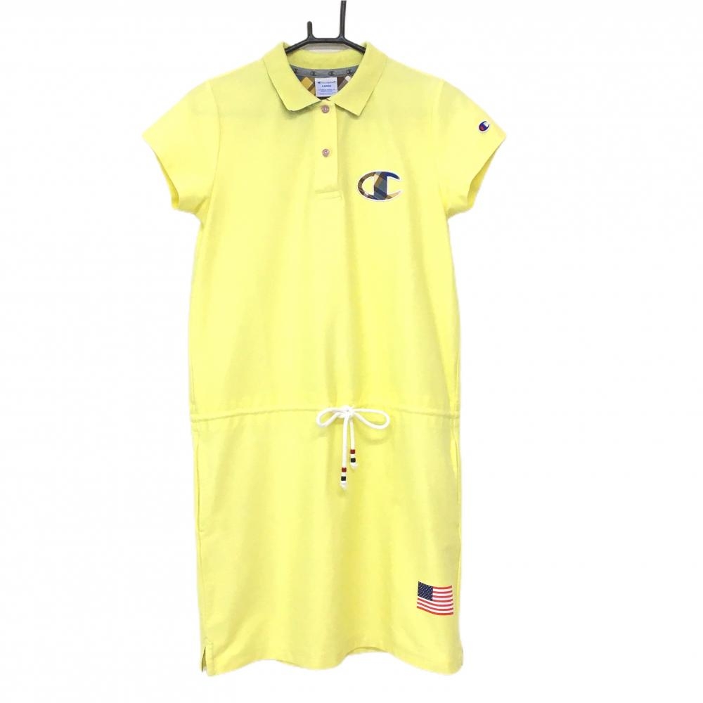 【美品】チャンピオン 半袖ポロワンピース イエロー ロゴチェック ウエスト紐 レディース LARGE ゴルフウェア Champion