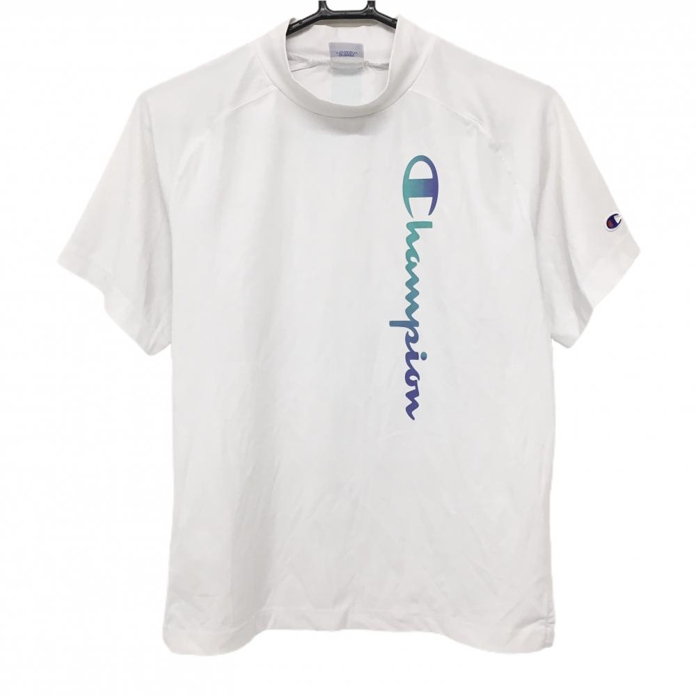 チャンピオン 半袖ハイネックシャツ 白×グリーン ロゴプリント  レディース MEDIUM ゴルフウェア Champion