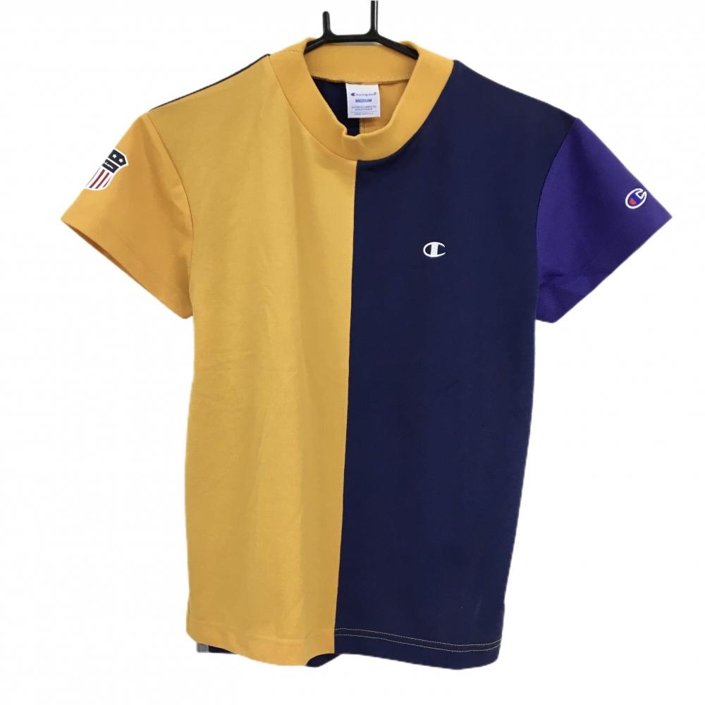 【美品】チャンピオン 半袖ハイネックシャツ オレンジ×ネイビー ロゴ刺しゅう レディース MEDIUM ゴルフウェア Champion