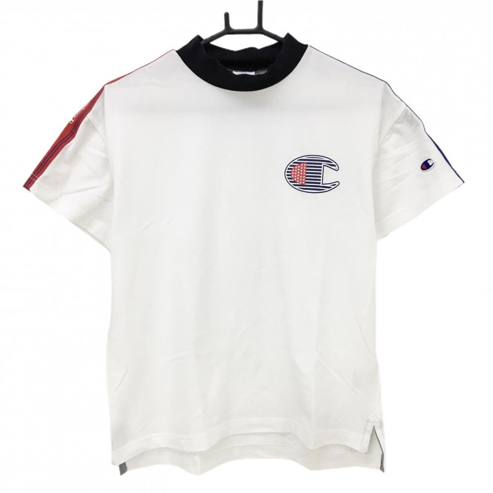 チャンピオン 半袖ハイネックシャツ 白 ネックネイビー 肩ライン  レディース LARGE ゴルフウェア Champion
