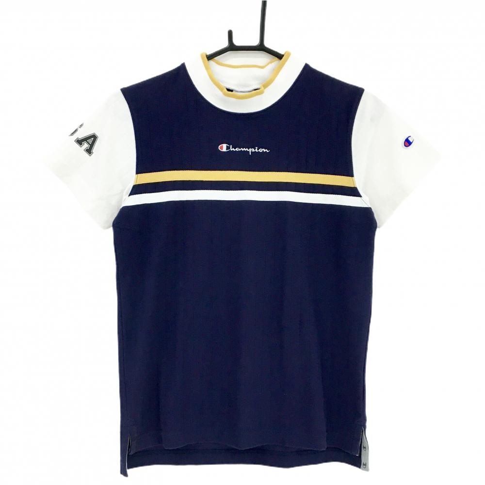 【美品】チャンピオン 半袖ハイネックシャツ ネイビー×白 フロントライン ロゴ刺しゅう レディース MEDIUM ゴルフウェア Champion