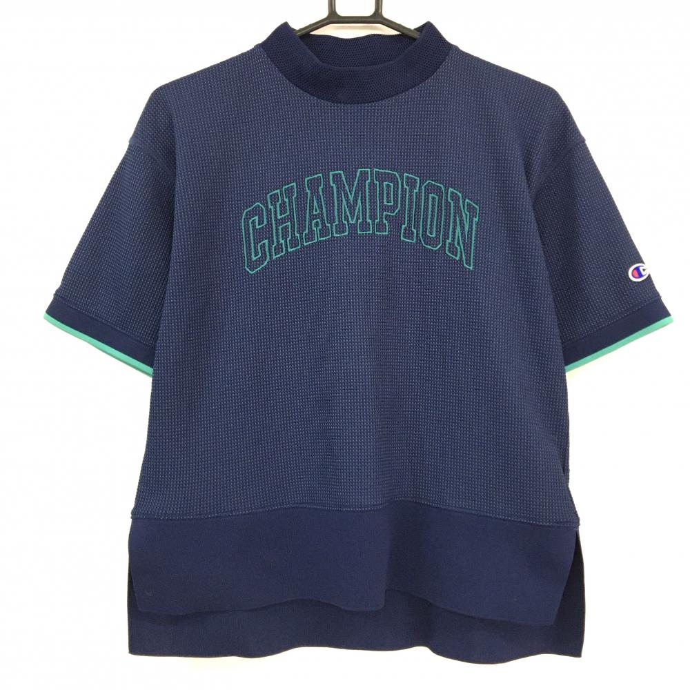 【超美品】チャンピオン 半袖ハイネックシャツ ネイビー×グリーン フロントロゴ  レディース MEDIUM ゴルフウェア Champion