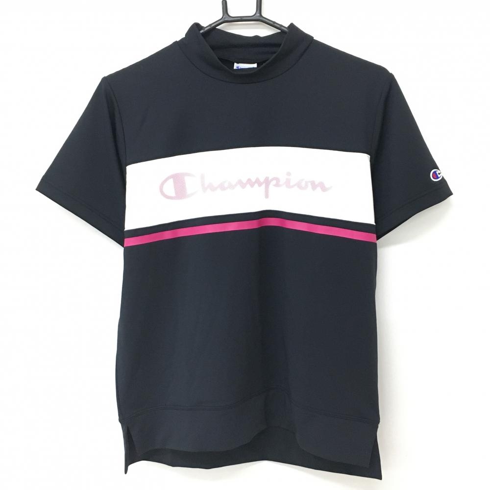 【超美品】チャンピオン 半袖ハイネックシャツ 黒×白 胸元メッシュ ロゴ レディース LARGE ゴルフウェア Champion