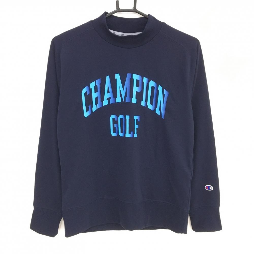 【超美品】チャンピオン 長袖ハイネックシャツ ネイビー×ブルー フロントロゴ 袖口刺しゅう レディース LARGE ゴルフウェア Champion