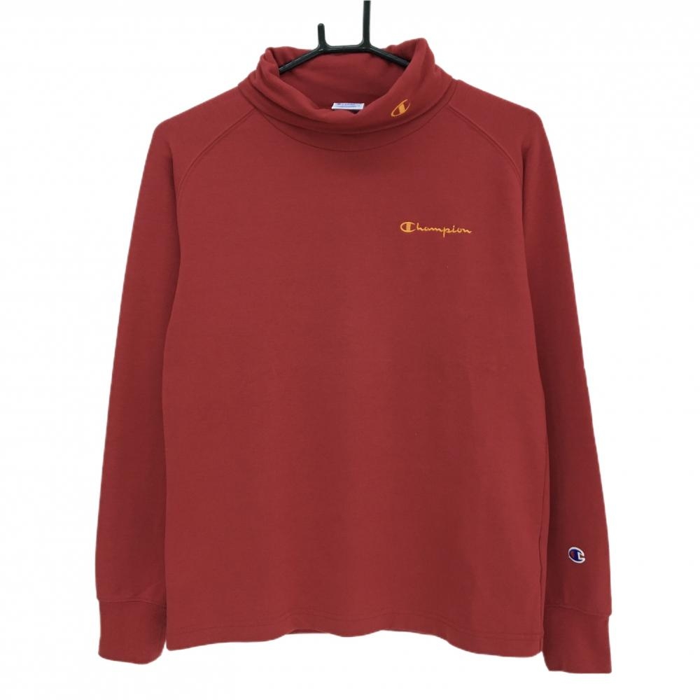 【美品】チャンピオン 長袖タートルネックシャツ レッド系×オレンジ ロゴ刺しゅう レディース LARGE ゴルフウェア Champion